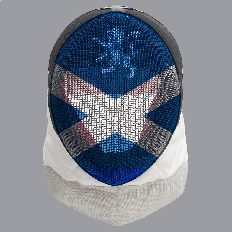 Scottish fencing mask design: white closs on blue mask with white Lion Rampant above it