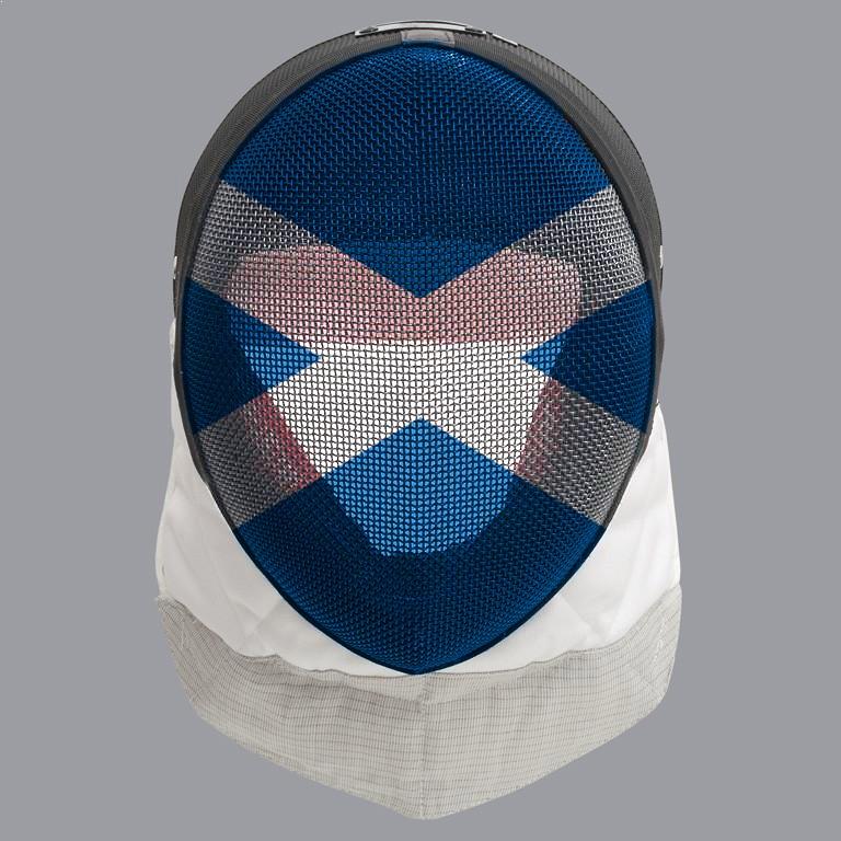 Scottish fencing mask design: white cross on blue mask