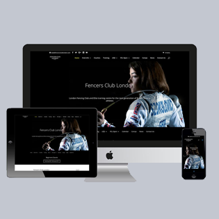 Fencers Club London website displayed on an iPhone, iPad and iMac