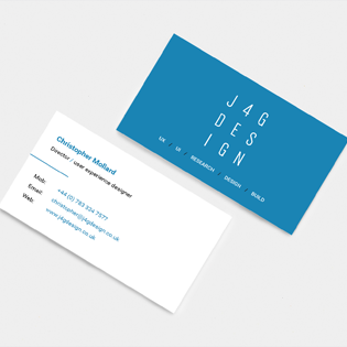 J4G Design business cards stacked showing front and back