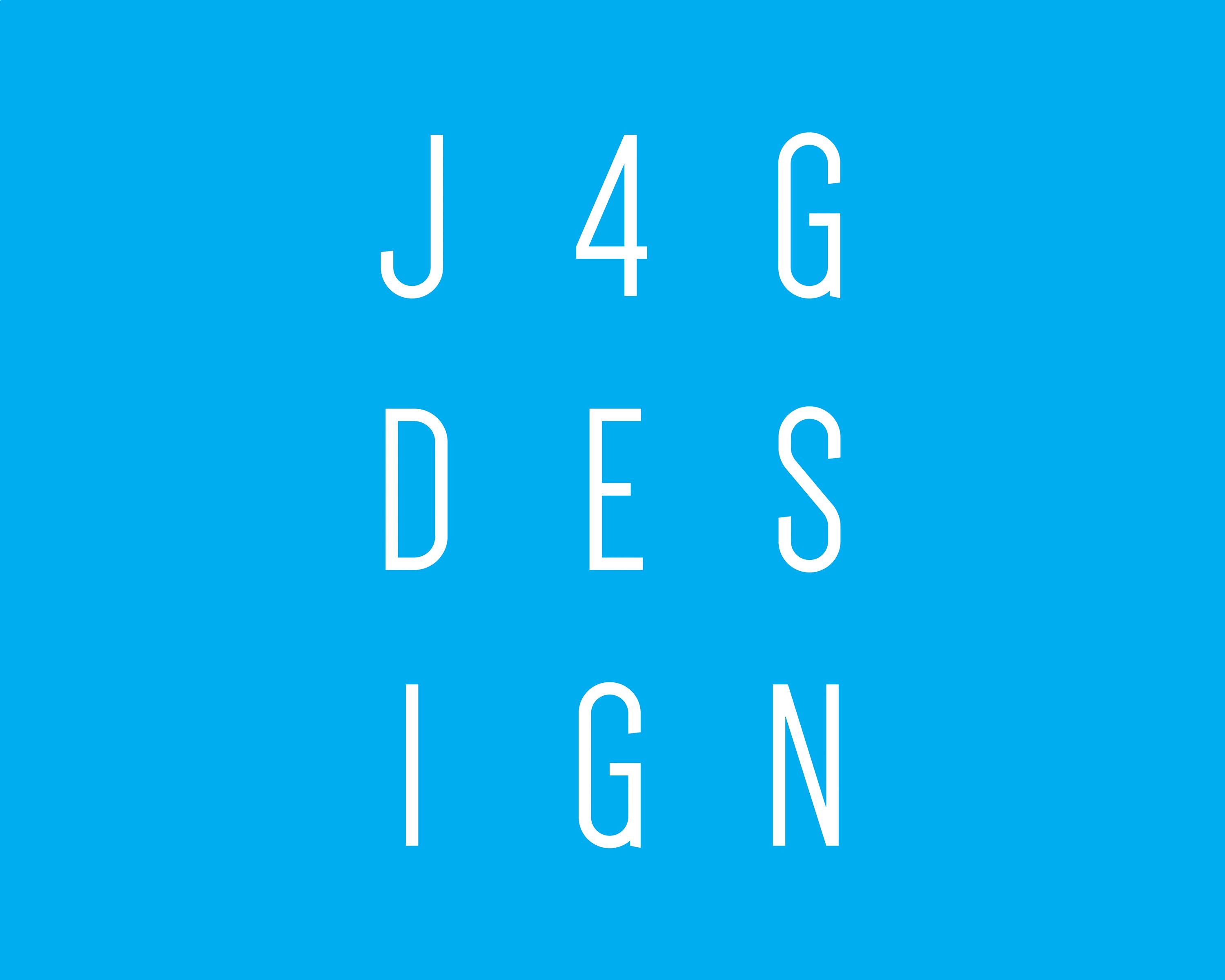 J4G Design logo: white capital wording on a blue background, three letters on each lines 