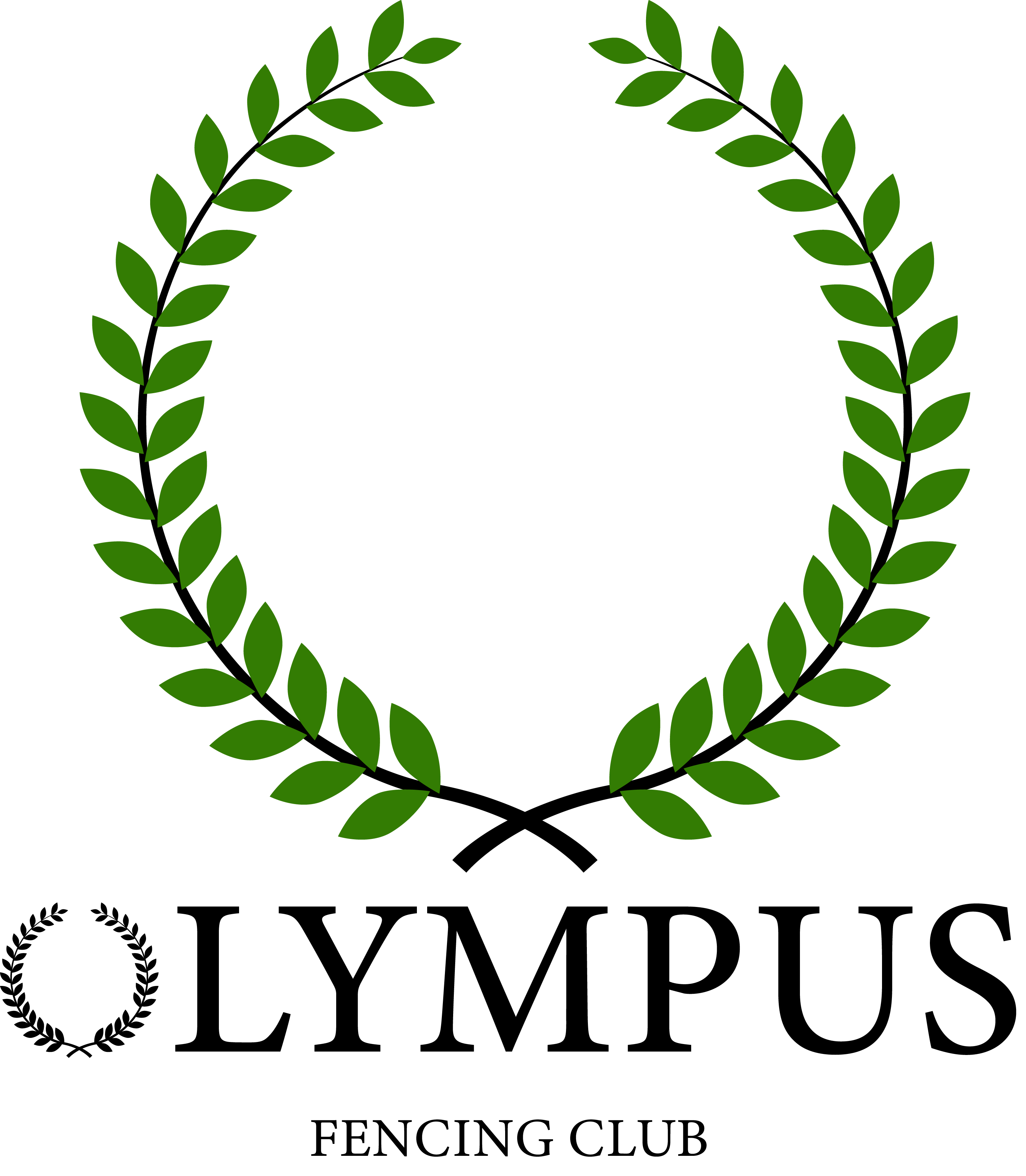 Olympus Fencing Club logo: a green wreath above black writing that says Olympus