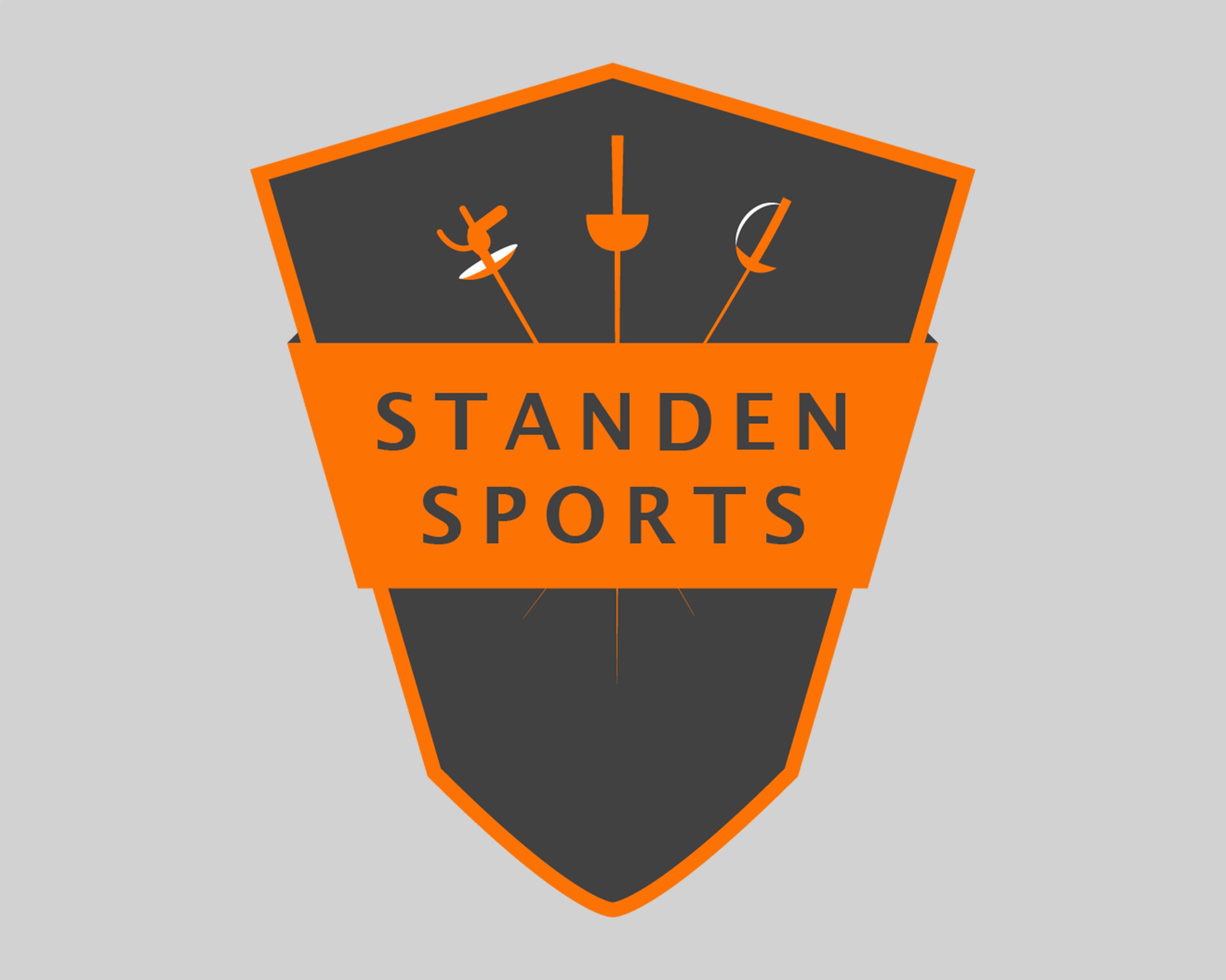 Standen Sports Ltd logo: an orange shield with a dark grey background with three fencing swords crossed pointing down