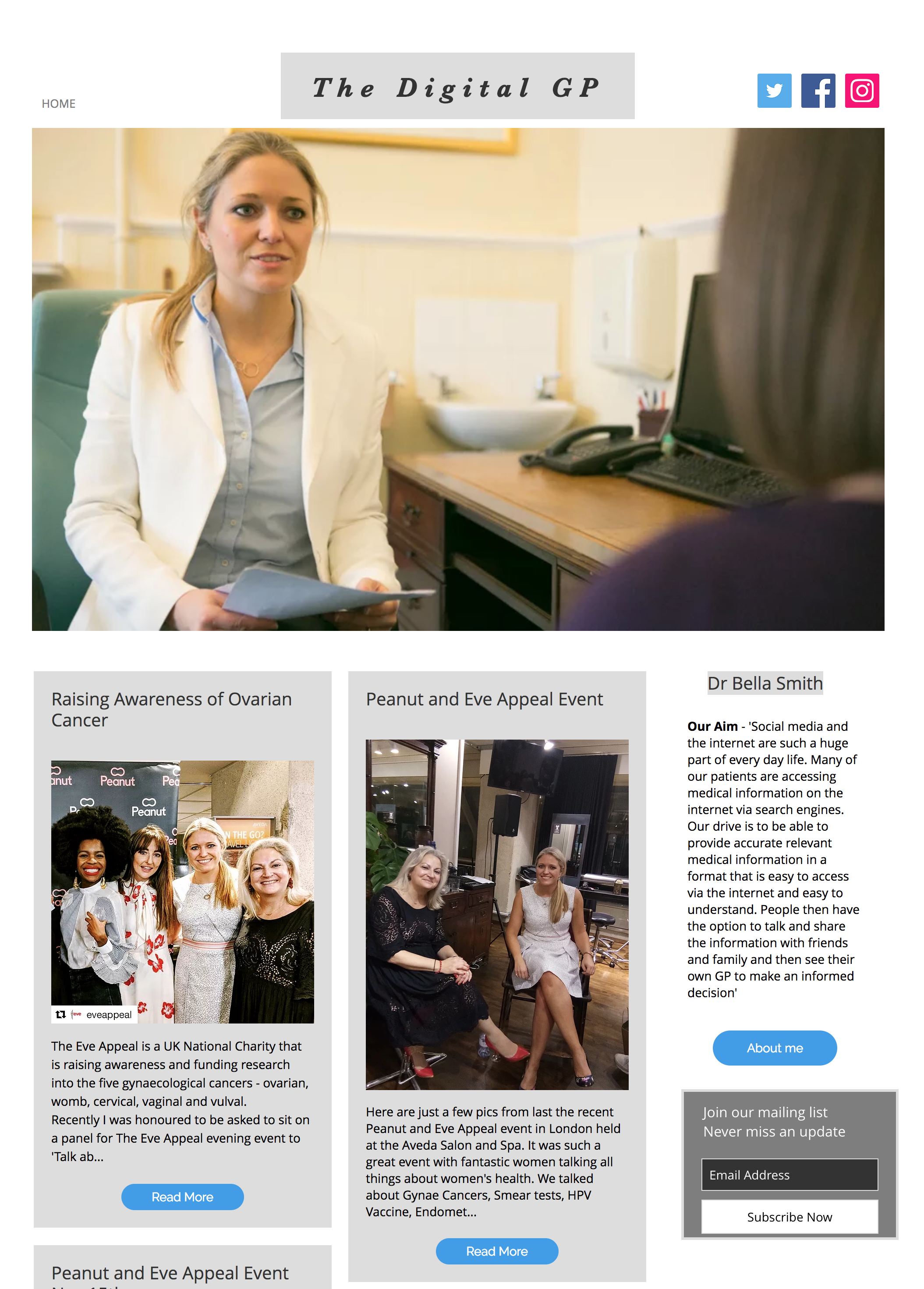 A screenshot of The Digital GP's homepage, as it was before the review.  An image of Dr. Bella Smith sitting at as desk in her lab coat top and centre with blog posts beneath the image.