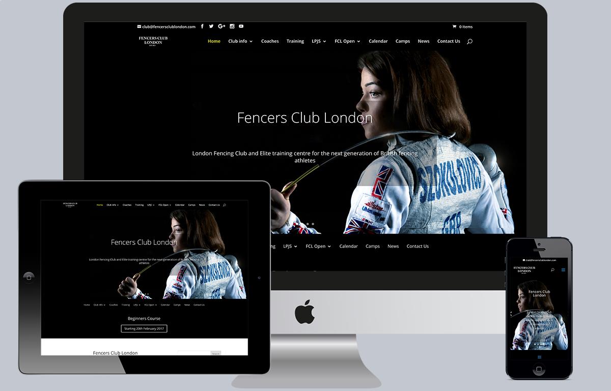 Fencers Club London website displayed on an iPhone, iPad and iMac