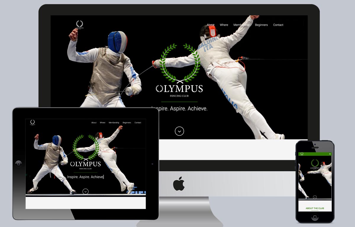 Olympus Fencing Club website displayed on an iPhone, iPad and iMac