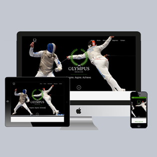 Olympus Fencing Club website displayed on an iPhone, iPad and iMac