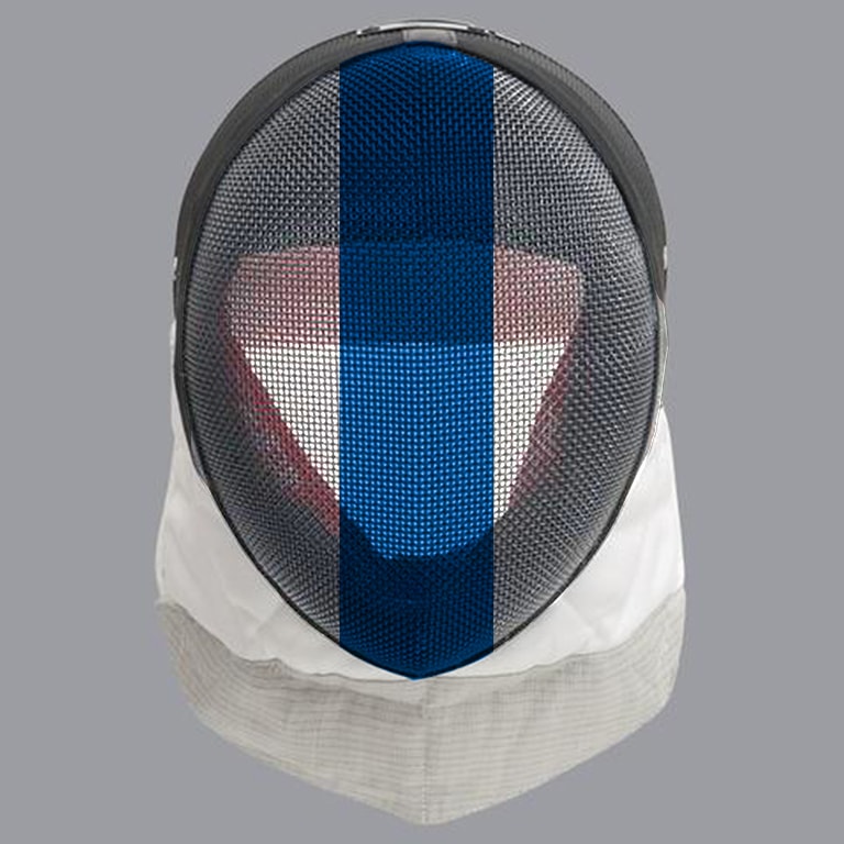 Scottish fencing mask design: blue stripe on white mask