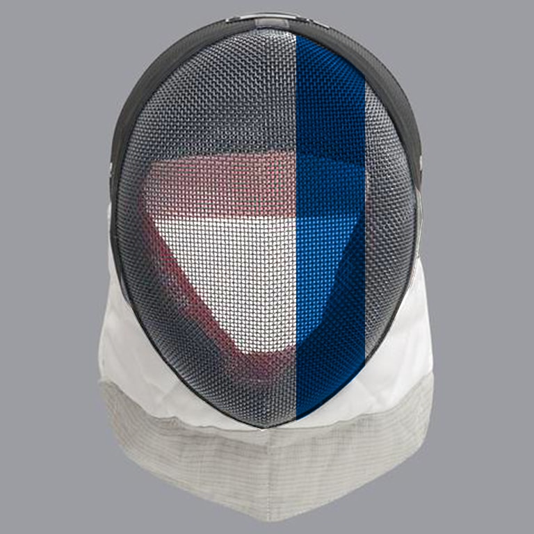 Scottish fencing mask design: blue offset stripe on white mask