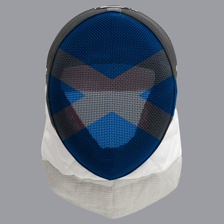 Scottish fencing mask design: grey cross on blue mask