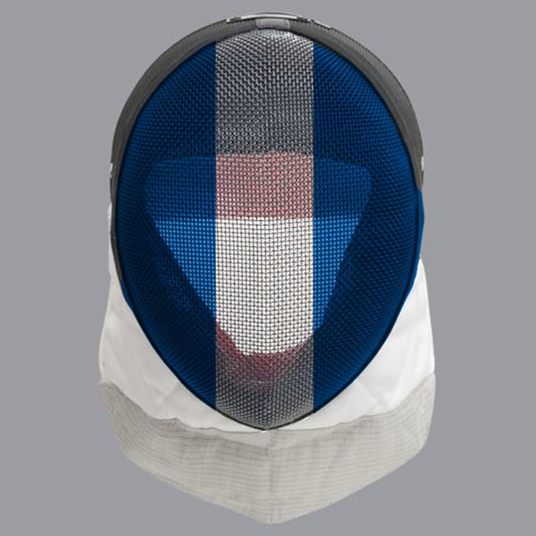 Scottish fencing mask design: white stripe on blue mask