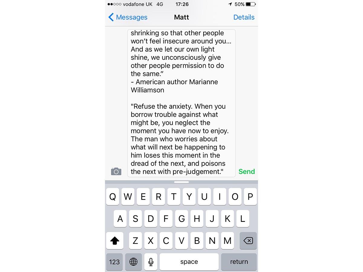 A screenshot of a text message being written with no space to read what was previously sent.