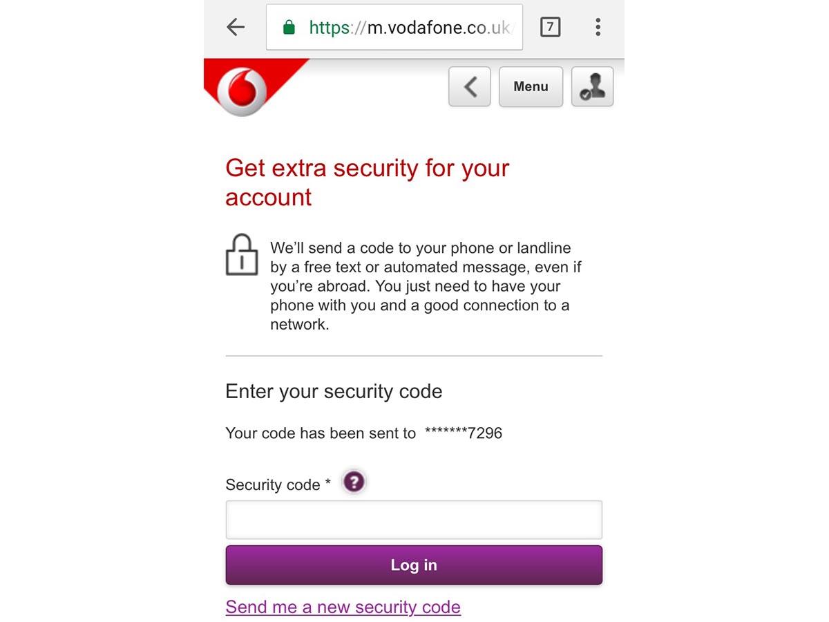 A screenshot of the Vodafone two step verification screen.