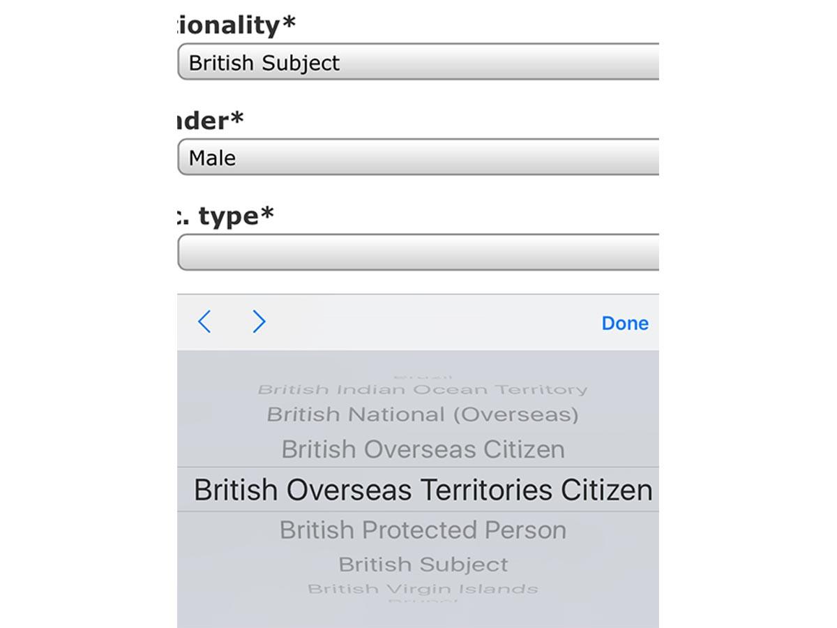A screenshot of a dropdown list when selecting nationality.