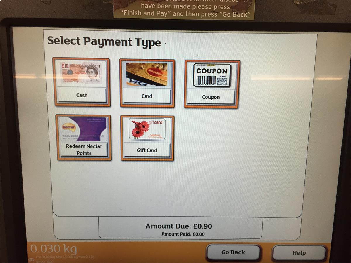 Image of the payment options available on a Sainsbury's self service till.