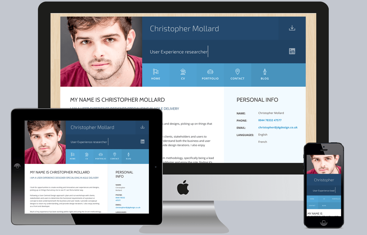 Screenshots of Christopher Mollard website home page mocked up on an iMac, iPad (landscape) and iPhone